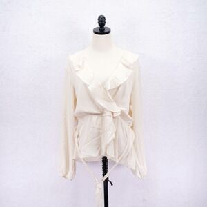 Max Studio -XL- Off-White Ruffle Neck‎ Wrap Blouse Top Polyester V-Neck Tie-Fron